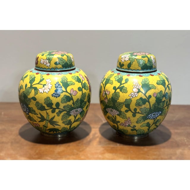 Chinoiserie Antique Chinese Imperial Yellow Cloisonné Ginger Jars - A Pair (Republic Period) For Sale - Image 3 of 14