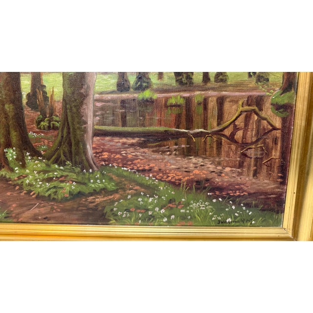 1910s Large Antique 1919 Original Finn Wennerwald Landscape Marsh Woods Trail Painting For Sale - Image 5 of 12