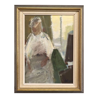 1961 Mid-Century Modern 'The Window Seat' Vintage Original Swedish Expressive Figurative Portrait Oil Painting, Framed For Sale