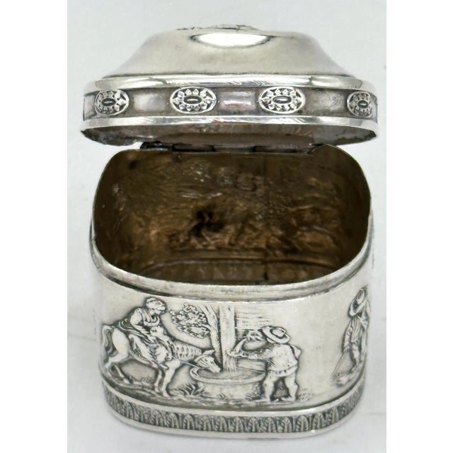 Biedermeier German .800 Silver Snuff Box Domed Lid and Repoussé Pastoral Scenes For Sale - Image 12 of 12
