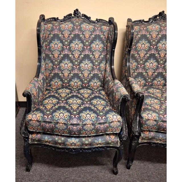 Early 20th Century Pr. Of Antique Rococo Style Paint and Hand Carved Upholstered Wingback Chairs - Set of 2 For Sale - Image 12 of 12