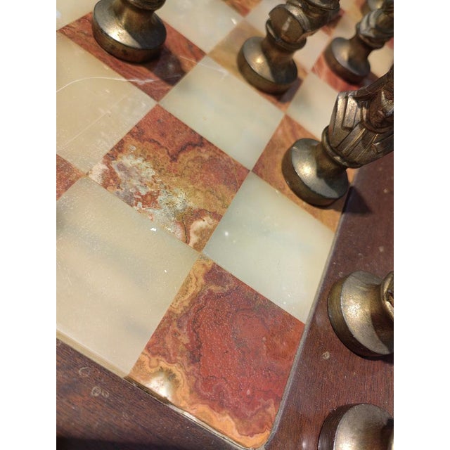 Rosewood Chess Table with Marble Top and Chess Set in Brass and Bronze, 1930s For Sale - Image 9 of 15