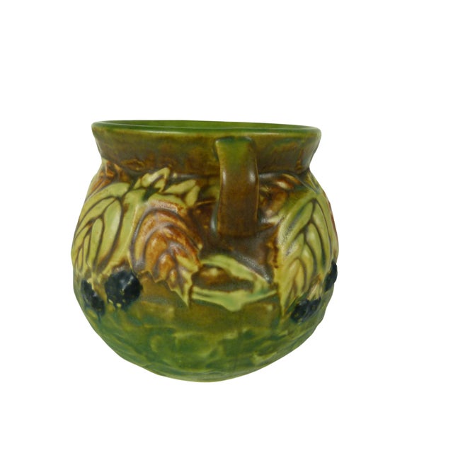 1930s Roseville Blackberry 1932 Antique Art Pottery Jardiniere Vase | Double Handled | Genuine Gold Foil Label For Sale - Image 5 of 13