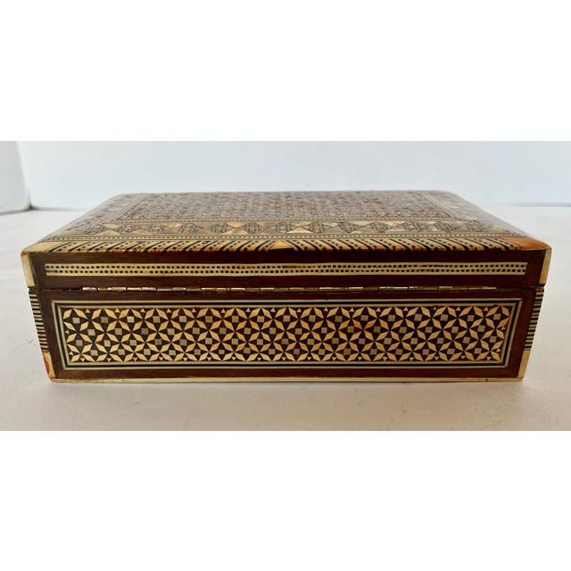 Moroccan Mid 20th Century Vintage Inlaid Wood Mother of Pearl Jewelry Box For Sale - Image 3 of 12