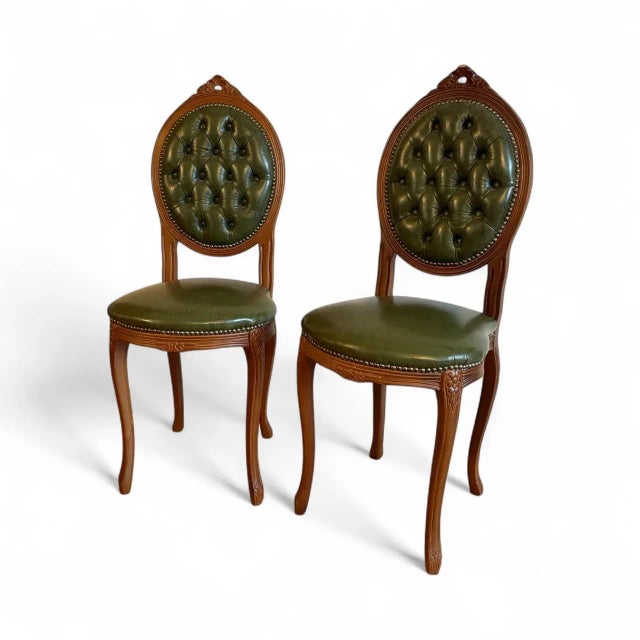 Louis XVI Style Green Leather Chairs, Set of 2 For Sale - Image 3 of 7