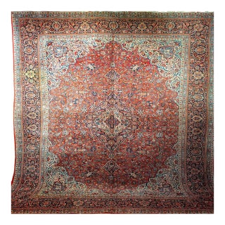 Early 20th Century Persian Kashan Rug, Hand-Knotted Wool & Cotton, Floral Garden Pattern, Brick-Red & Ivory, 9x12 For Sale
