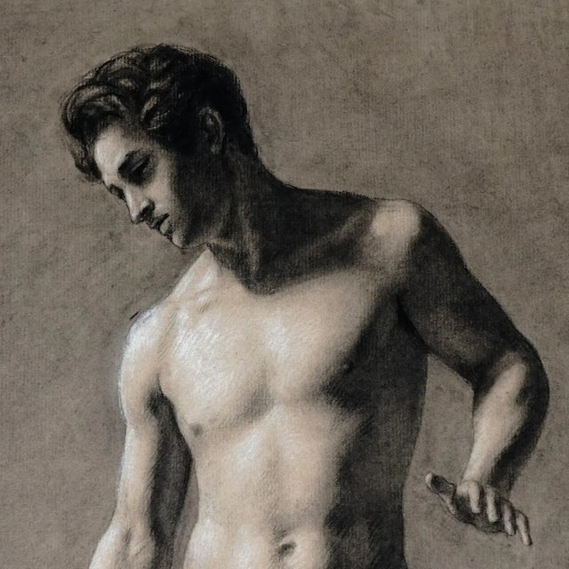 Victorian Antique French Academic Male Nude Portrait Study Charcoal Life Drawing For Sale - Image 3 of 6