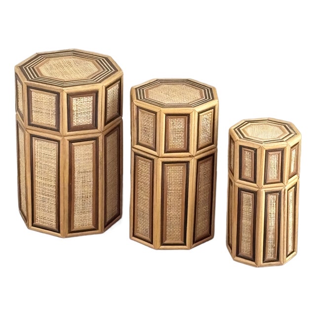 1960s Bamboo & Rattan Octagonal Nesting Boxes — Set of 3 For Sale