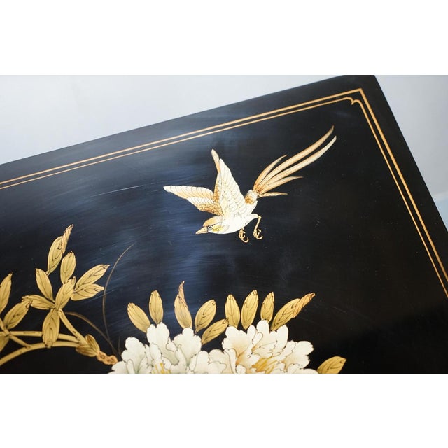 Animal Skin Vintage Chinese Chinoiserie TV Media Stand in Black Lacquered Paint with Bird & Flowers For Sale - Image 7 of 18