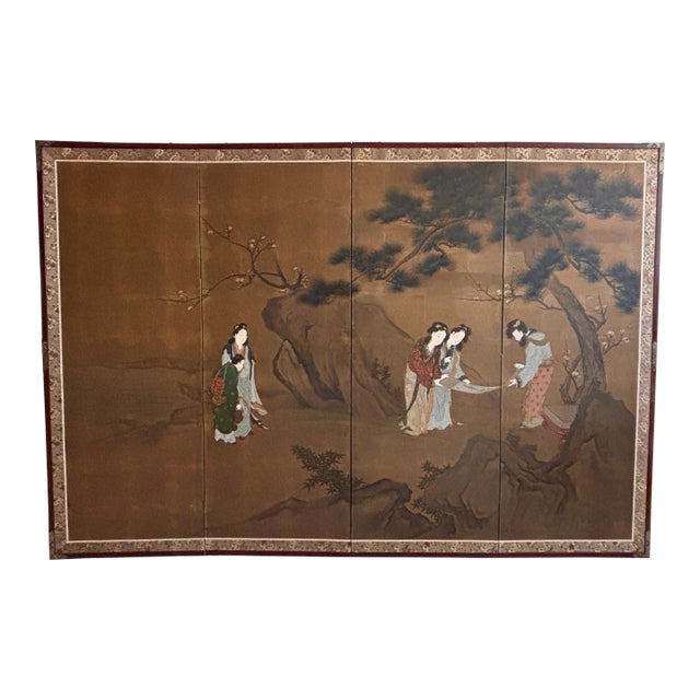 Vintage Japanese Four-Panel Byōbu Screen Female Figures in a Garden Scene For Sale
