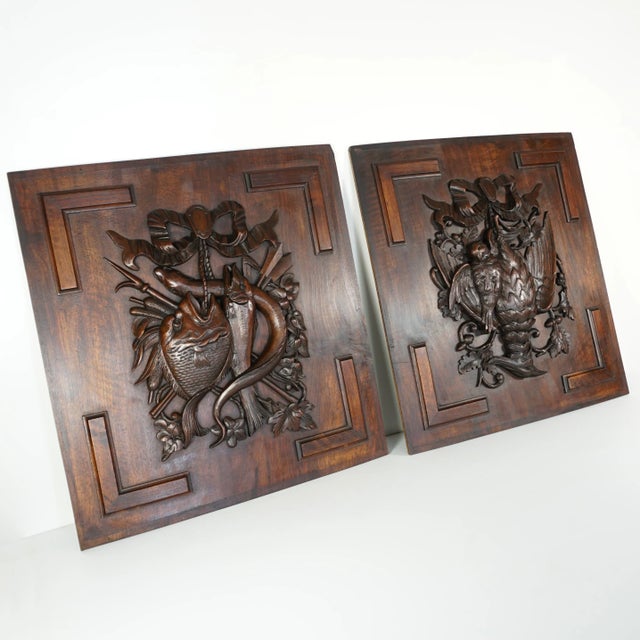 Pair of antique hand carved walnut wood "Fruits of the Hunt" trophy themed panels. Expertly carved with leaves and acorns...