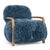 Beautiful ocean blue Mongolian fur easy chair. Solid elm wood arms with slight grey wash finish. Attractive cozy addition...