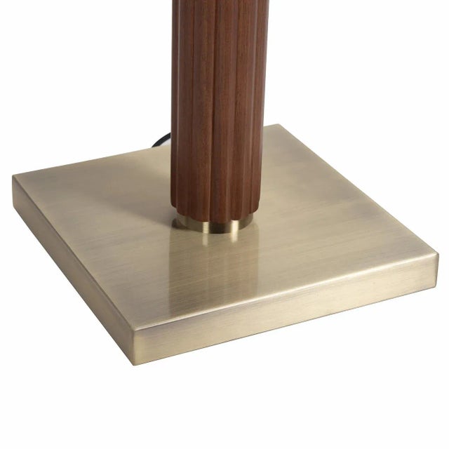 Tambo Floor Lamp - Dark Walnut Wood Finish, Weathered Brass, White Linen Shade, Dimmer For Sale - Image 6 of 12