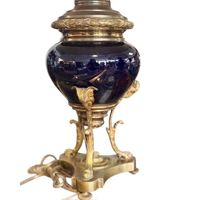 Antique Mid 19th Century Ink Blue Oil Lamps, Electrified - A Pair For Sale - Image 9 of 15