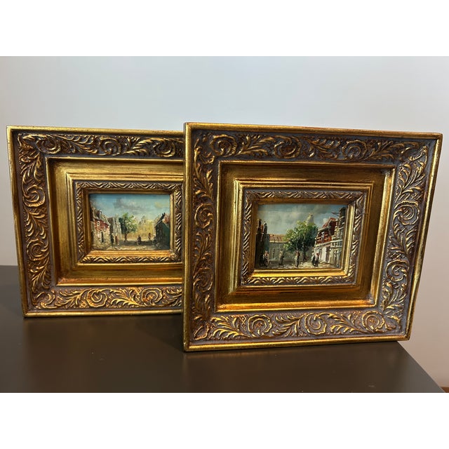 Pair of Vintage European Street Scene Oil Paintings on Board – Miniature Impressionist Art in Ornate Gilt Frames For Sale - Image 6 of 8
