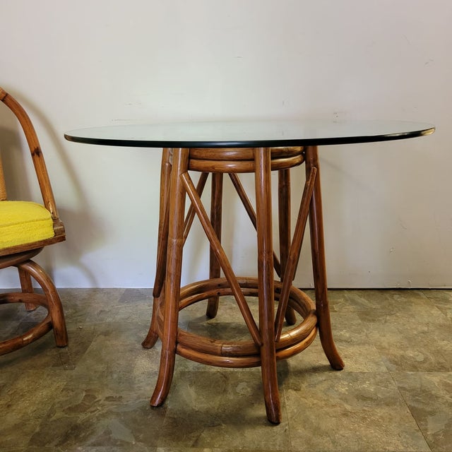 Mid-Century Modern Four Rattan Swivel Chairs With Matching Table and Yellow Upholstery For Sale - Image 3 of 12