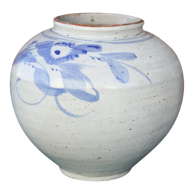 1930s Blue and White Asian Glazed Pot For Sale