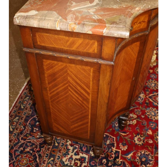 1920's French Louis XVI Style Marble Top Satinwood Inlaid Chest Dresser Commode For Sale - Image 11 of 15