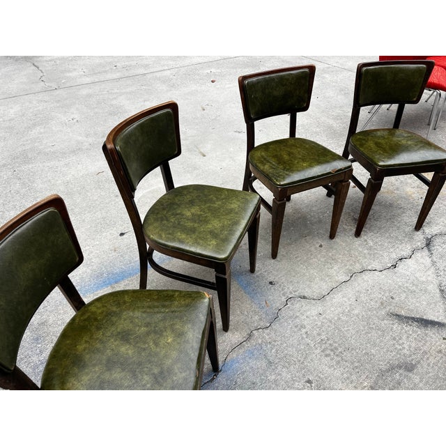 1970s Collection of Green Leather Gun Lock Style Wooden Dining Chairs- Set of 6 For Sale - Image 4 of 12