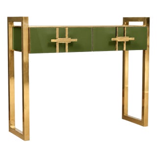 Olive Green Murano Glass Console Table with Brass Accents from Justfurnituress SRL For Sale
