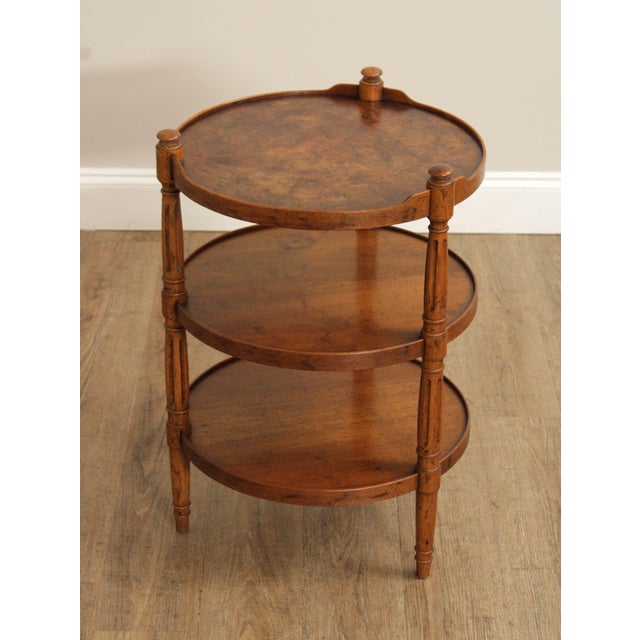 High Quality Heritage Burlwood Etagere, Side Table With Three Rounded Tiers, Fluted Outer Legs And Circular Galleries...