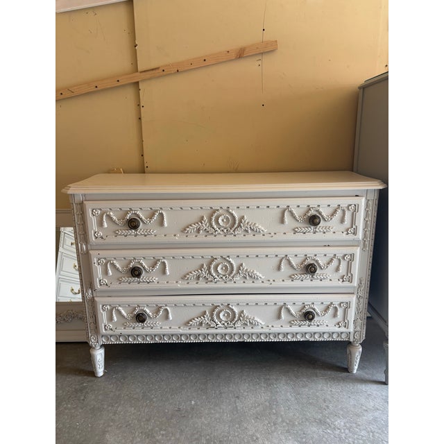Neoclassical 1970s French Neoclassical Dresser With Carved Garland Details – Textured Vintage Finish, Solid Wood, French Dresser For Sale - Image 3 of 5