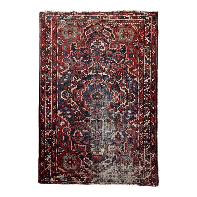1920s, Antique Persian Hamadan Rug, Distressed Geometric Medallion, 4 X 6 For Sale