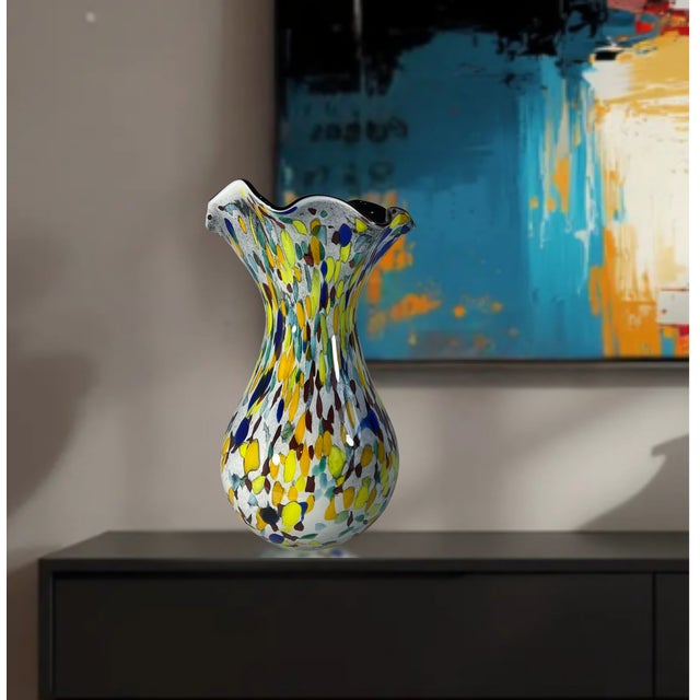 15+ In. Tall Bulbous Multicolor Ruffled Art Glass Confetti Multicolor Vase For Sale - Image 17 of 18