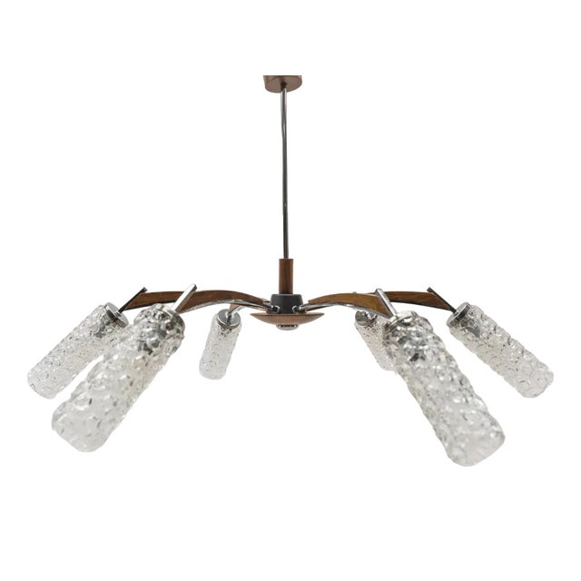 6-Light Sputnik Ceiling Lamp in Walnut, Chrome & Bubble Glass, 1960s For Sale