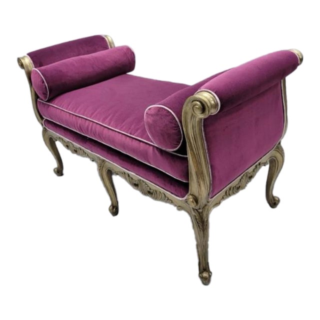 Vintage Marge Carson Carved Bench Settee Newly Reupholstered in Velvet For Sale