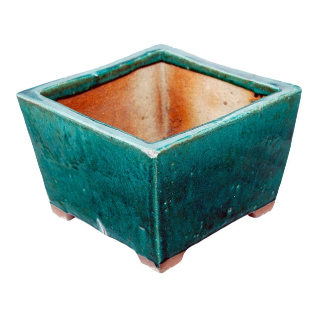 Mid 20th Century Asian Square Stoneware Emerald Green Planter For Sale