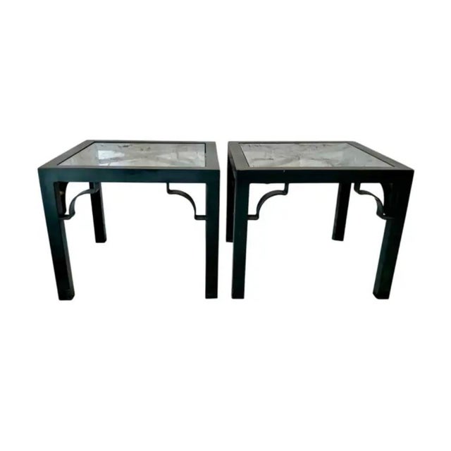 Mastercraft Black Lacquer Metal and Glass Side Tables, a Pair For Sale - Image 4 of 11