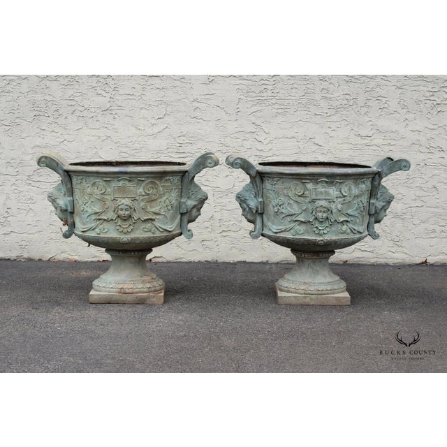 1900 - 1909 Antique Pair of Lead Alloy Outdoor Garden Urns For Sale - Image 5 of 12