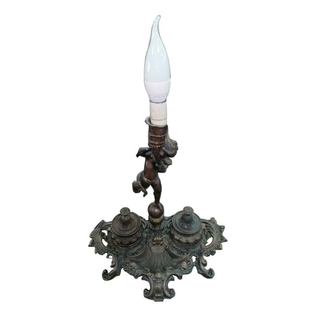 Inkwell Lamp in Chiselled Bronze with Putto For Sale