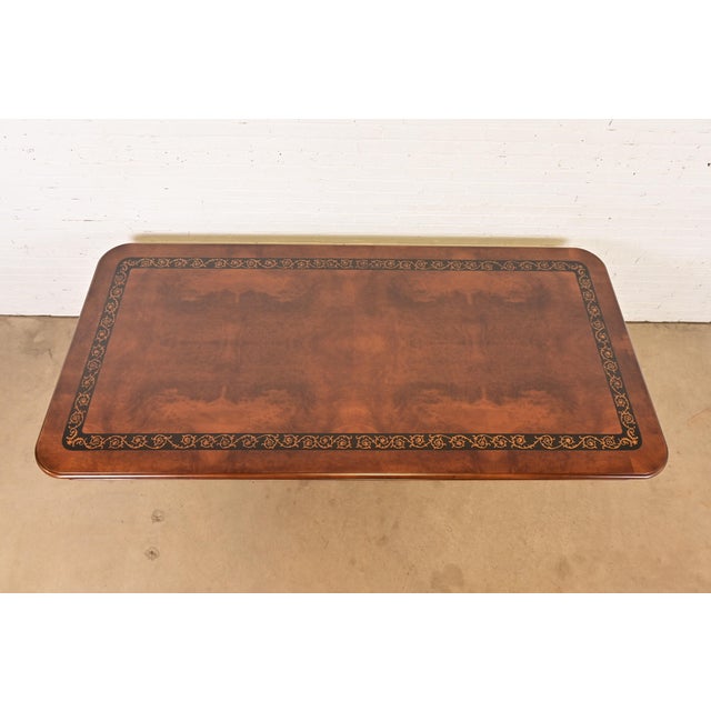 Late 20th Century Baker Furniture Style Italian Regency Inlaid Banded Burl Wood Double Pedestal Dining Table, Newly Restored For Sale - Image 5 of 10