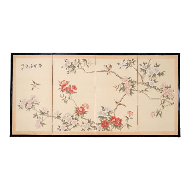 1980s Japanese Byobu Featuring Birds in Blossoming Trees 4-Panel Folding Screen For Sale
