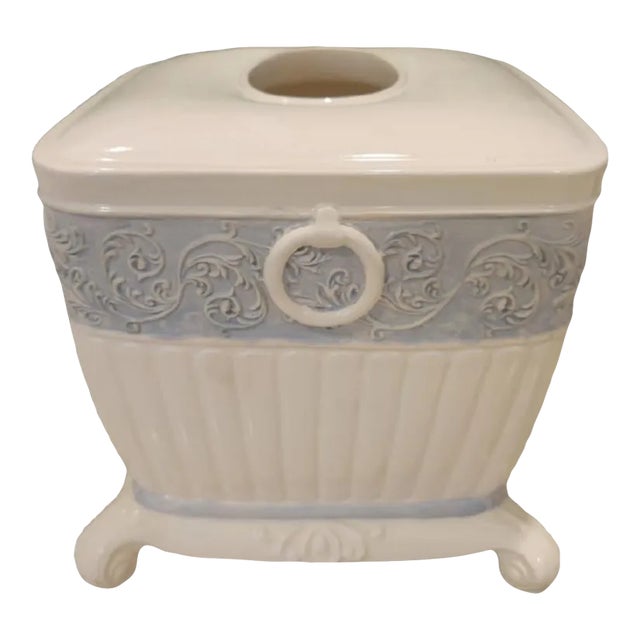 Vintage Ceramic Pale Blue White Traditional Tissue Box Cover Holder For Sale