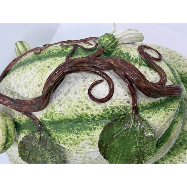 Mid 20th Century Vintage Italian Majolica Green Stipe Melon Tureen Tablescape Decor For Sale - Image 5 of 12