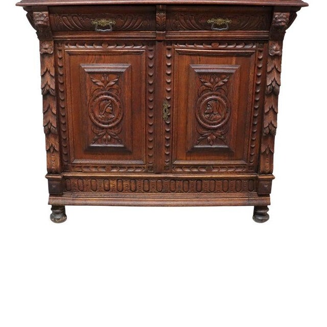 English Jacobean Carved Oak Sideboard With Ornate Stained Glass C1900 For Sale - Image 6 of 16