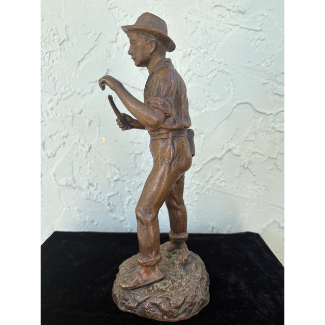 Figurative Antique Patinated Spelter Figure of a Young Laborer With Tool, C. 1900–1920 For Sale - Image 3 of 8