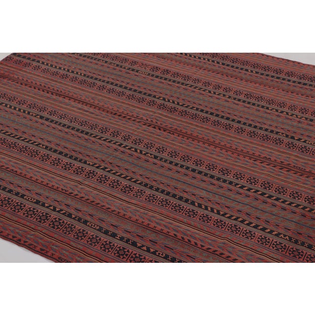 Rug & Kilim Vintage Persian Tribal Square Kilim, Red & Teal Geometric Stripes - Rug & Kilim For Sale - Image 4 of 10
