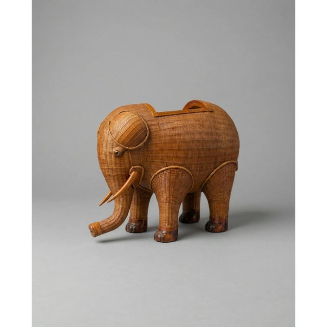 Vintage Woven Rattan Elephant Storage Box For Sale - Image 4 of 5