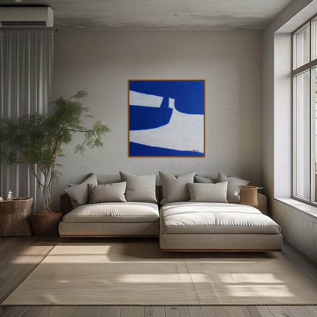 Introducing the minimalist square painting by artist Bodasca, featuring striking cobalt blue organic shapes set against a...