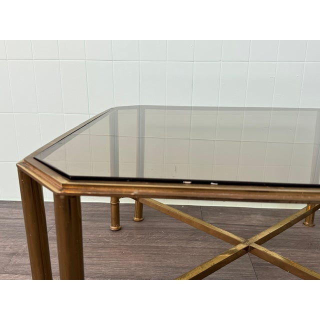 Gold Vintage Hollywood Regency Style Brass and Smoked Glass Coffee Table, 1970s For Sale - Image 8 of 17