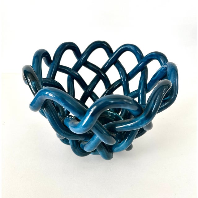 Hand Crafted Cerluean Blue Twisted Pottery Bowl For Sale - Image 10 of 16
