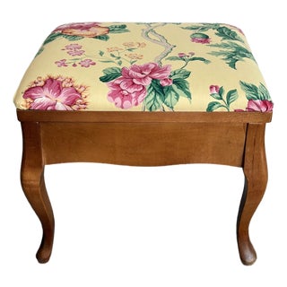 1940s Yellow Floral Hinge-Top Storage Footstool / Ottoman For Sale