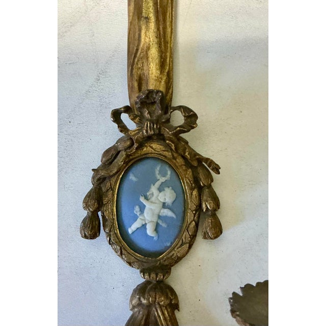 Antique French Louis XVI Style Gilt Bronze Ribbon Jasperware Putti Sconces - Pair For Sale - Image 4 of 9