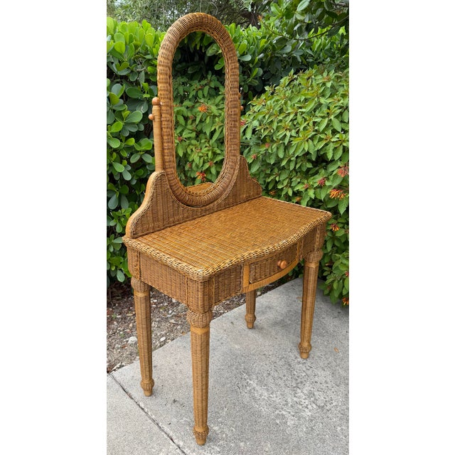 Vintage Wicker & Rattan Vanity Table With Oval Mirror and Drawer For Sale - Image 11 of 15