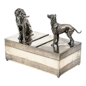 Antique 19th Century Rogers Smith & Co. Meriden, Connecticut Silver Plated Humidor Box With Two Dog Finials Circa 1890