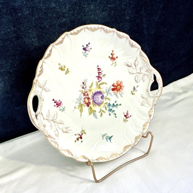Dresden Porcelain Antique Rl Dresden Porcelain Hand Painted Serving Platter With Handles For Sale - Image 4 of 10